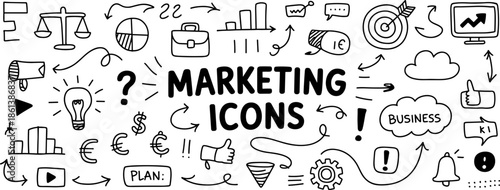 Hand drawn business and marketing icons set featuring financial symbols growth charts arrows and strategic planning doodles isolated on white background (21 words)