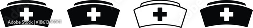 Solid and Outline Vector Icon Set Featuring Traditional Nurse Caps with Medical Crosses for Clinical Healthcare Professionals