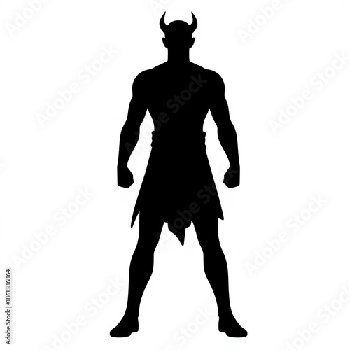Black silhouette of a muscular horned demon figure standing tall.