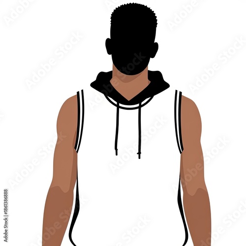 Minimalist illustration of a man in a white sleeveless hoodie.