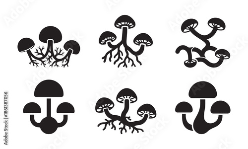 Collection of mushroom and mycelium growth icons showing fungal root systems and organic nature structures in black silhouette