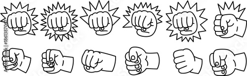 Hand Drawn Fist Icon Set Featuring Punching Power Strength and Success Symbols with Impact Effects for Competition Sports and Motivation Designs (21 words)