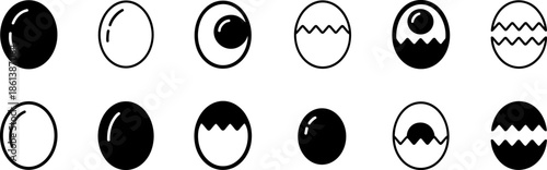 Egg Icon Set Featuring Whole Cracked and Broken Eggs with Hatching Shells and Yolk Designs for Breakfast Food and Life Cycle Concepts