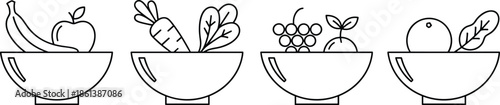 Outline Vector Icon Set Featuring Healthy Bowls of Fresh Fruit and Vegetables Including Bananas Apples and Carrots