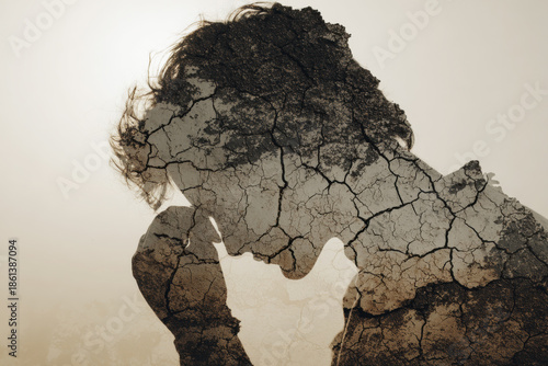 Double exposure of a person and cracked earth, burnout and emotional exhaustion theme
