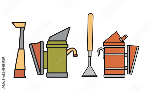 Beekeeping equipment illustration featuring honey bee smokers and hive maintenance tools in a colorful flat outline style