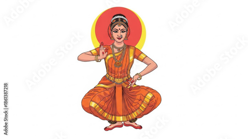Indian classical dancer in orange attire performing traditional bharatanatyam dance pose with elegant hand gestures and jewelry
