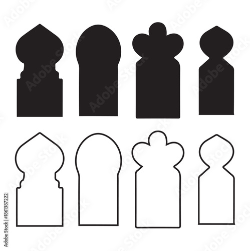 Set of Islamic Arabic Arch Window and Door Shapes in Silhouette and Outline Styles for Traditional Middle Eastern Architectural Design and Ramadan Decorations.