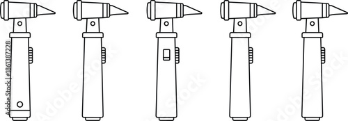 Outline Vector Icon Set Featuring Medical Ophthalmoscopes and Otoscopes for Primary Care Clinical Examinations and Diagnostic Training