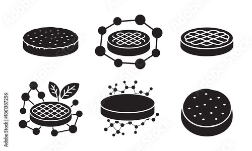 Laboratory grown cultured meat and plant based protein icons featuring molecular structures for food technology innovation concepts