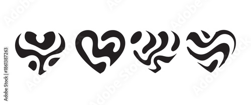 Set of Four Abstract Wavy Heart Silhouettes, Minimalist Black and White Liquid Swirl Heart Icons for Romantic Designs and Valentine's Day Graphics.