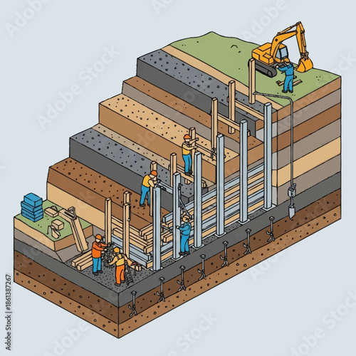 Isometric Cross-Sectional View of a Construction Site with Workers and Excavator.