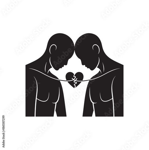 Conceptual Minimalist Silhouette of a Couple Connected by a Broken Heart, Representing Relationship Struggles, Heartbreak, Grief, and Emotional Bond in Black and White Vector Style.