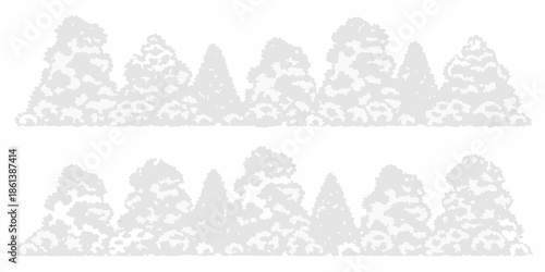 A simple grayscale illustration depicting rows of stylized coniferous trees