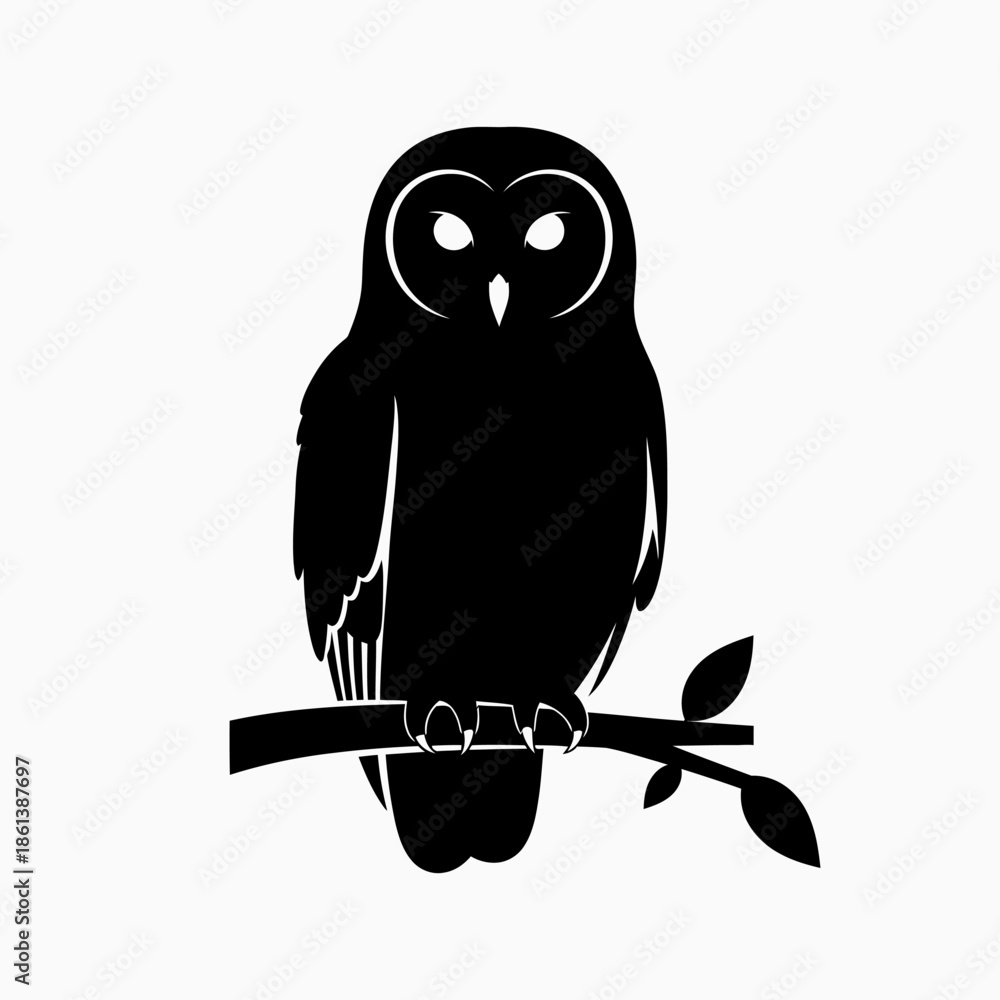 Obraz premium Black Owl Silhouette Perched on Tree Branch with Leaves Icon