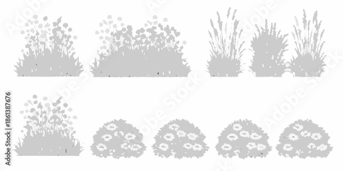 Collection of grayscale bushes and grasses in varying shapes and densities