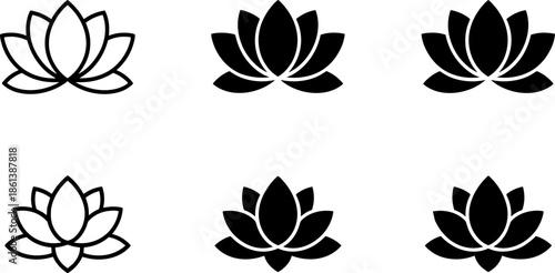 Set of Six Minimalist Lotus Flower Icons in Black and White Line Art and Silhouette Styles for Zen Yoga Branding