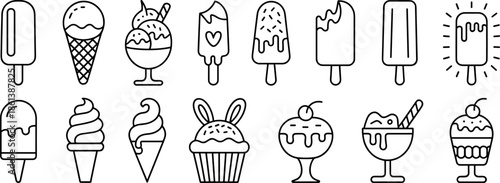 Set of ice cream and summer frozen dessert line icons including popsicles cones sundae cups and sweet treats isolated on white (21 words)