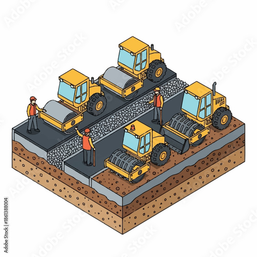 Isometric illustration of road construction with workers and heavy machinery.