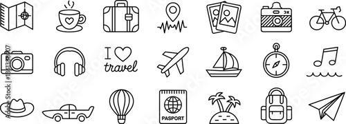 PSet of Twenty One Travel and Vacation Vector Line Icons Featuring Airplane Camera Passport Map and Suitcase for Summer Holiday