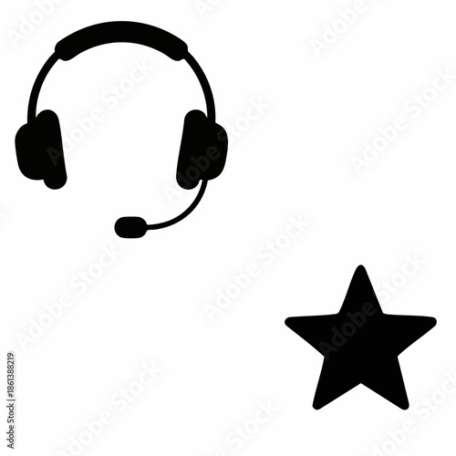 Black silhouette icons of a headset with microphone and a star — minimalist symbols for customer support, service excellence, or top-rated assistance