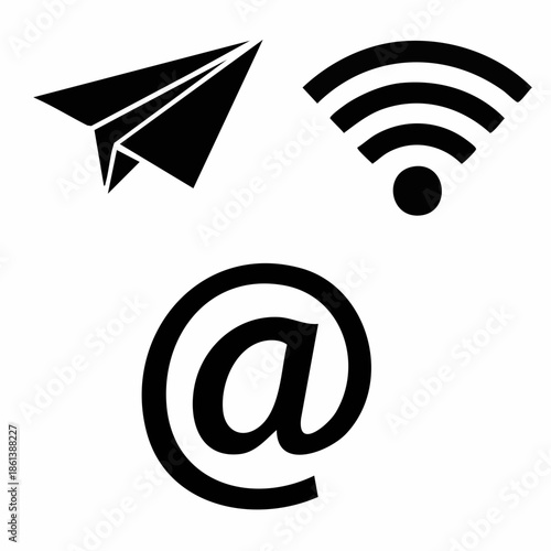 Set of three black communication and connectivity icons — paper airplane, Wi-Fi signal, and @ symbol — minimalist symbols for messaging, wireless connection, and email