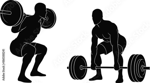 Weightlifting silhouette vector set showing back squat and deadlift poses, black shapes, fitness movement concept, isolated design, strength training illustration, exercise posture transition