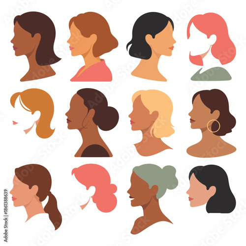 Collection of diverse female silhouettes showcases variety of hairstyles and skin tones promoting inclusivity and celebrating beauty in diversity and portrait set