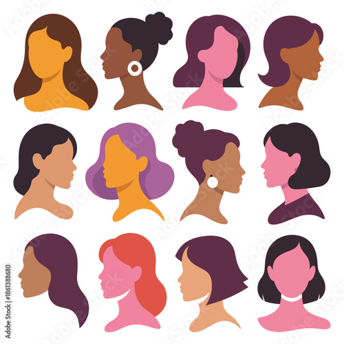 Diverse women profiles set vector illustration showcasing variety of female hairstyles skin tones inclusivity and female empowerment for social media design