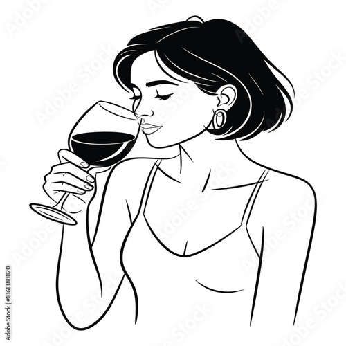 Elegant Woman Smelling Red Wine in Black and White Style Showcasing Wine Tasting Experience and Sophistication with Graceful Feminine Pose