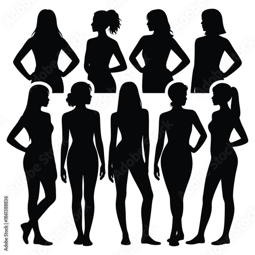 Elegant women silhouette collection vector illustration design featuring various poses and body types showcasing beauty and femininity for fashion illustration