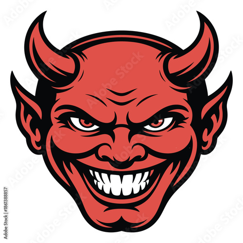 Evil Cartoon Head with Horns and Grinning Menacingly Featuring Aggressive Expression and Cartoon Villain Imagery Showing Horror Theme