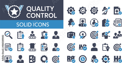 Comprehensive Quality Control Solid Icon Set Featuring Industrial Inspection Manufacturing Standards Business Performance Targets Magnifying Glass Checklists Professional Management And 