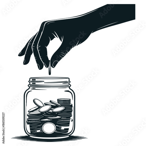 Saving money concept with hand putting coin into glass jar filled with coins illustrating accumulation and financial planning for future