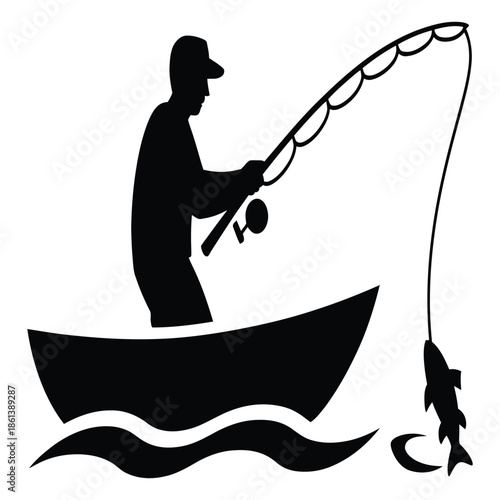 Silhouette of man fishing from boat with fish caught on line with curved fishing pole under sunny sky hobby recreation outdoors