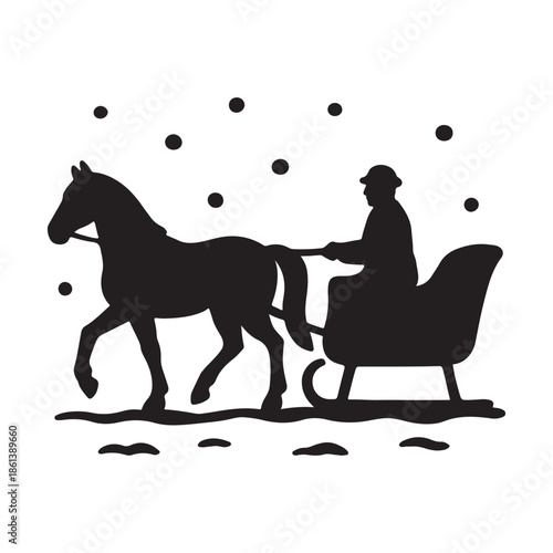 Charming black silhouette graphic capturing the timeless joy of a festive winter sleigh ride, featuring a horse pulling a driver through a snowy landscape