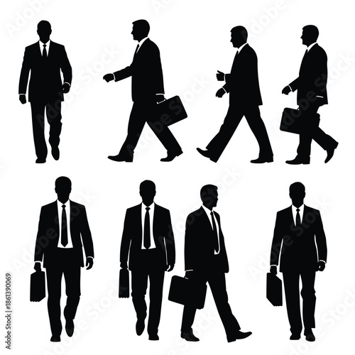 Business professionals walking in various directions with briefcases in a corporate environment
