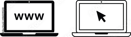 Black and white laptop computer vector icons set with world wide web text and mouse cursor arrow on screen for web design.