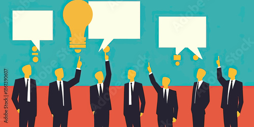 Business people in suits brainstorming creative ideas with speech bubbles and light bulb symbol in flat minimalist vector style for teamwork concept