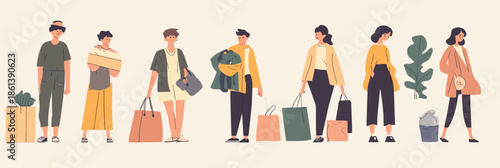 Young diverse people shopping carrying eco friendly tote bags reusable shopping bags casual fashion flat vector illustration sustainable lifestyle concept