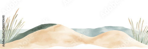 Minimalist watercolor illustration of sandy coastal dune with sea grass and gentle ocean waves in soft natural colors on white background