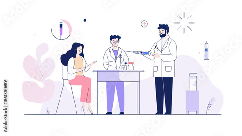 Female patient waiting for vaccination with two doctors preparing syringe and vaccine in modern medical clinic flat vector illustration