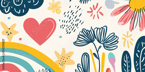 Colorful hand drawn doodle flowers hearts abstract shapes seamless pattern children playful artistic sketch style vector illustration background design