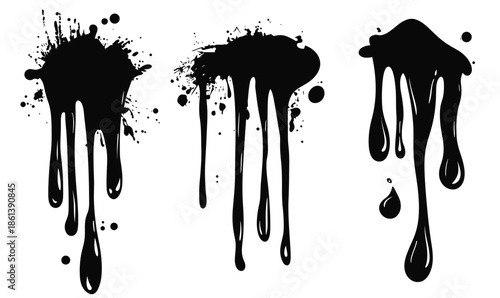 Set of three black ink splatters with dripping paint stains and isolated paint blots on white background vector illustration for design elements and textures