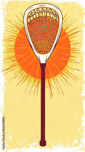 Vintage lacrosse stick with net against retro orange sunburst background minimalist flat vector design for sports gear and outdoor activity themes