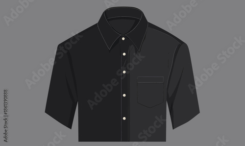 Black short sleeve button up shirt vector illustration with collar and chest pocket flat minimalist design isolated on grey background