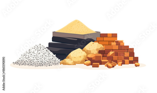 Vector illustration of construction materials including stacked red bricks, yellow sand piles, black coal or stone slabs, and white gravel in flat minimalist style