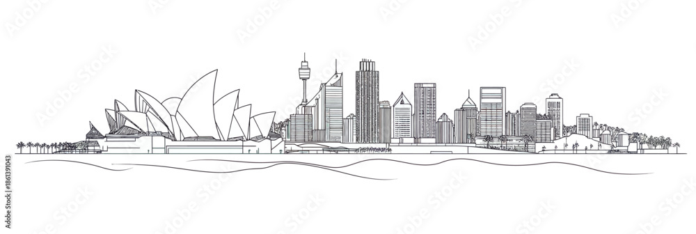 Fototapeta premium Detailed black and white line art Sydney city skyline with Opera House and modern skyscrapers in minimalist architectural vector style illustration