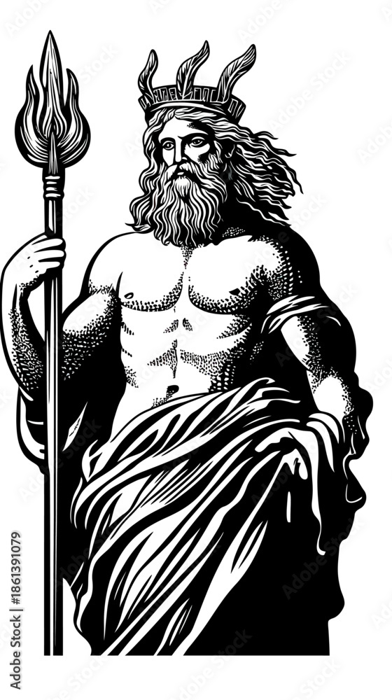 Obraz premium Black and white vector engraving of muscular Poseidon Greek god holding trident with flowing beard and crown in minimalist style outline illustration