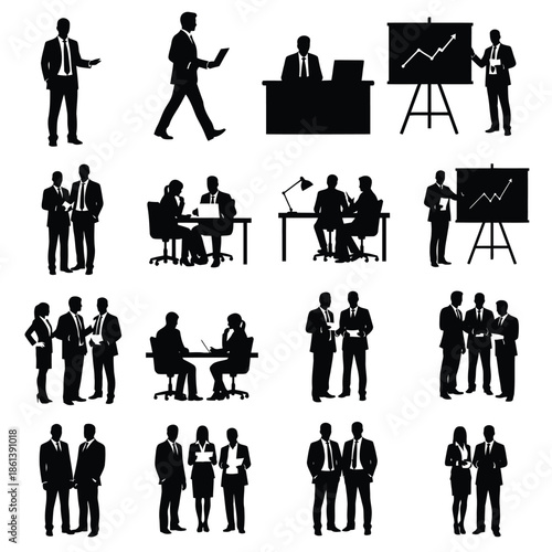 Business professionals interacting in various office settings and presentations